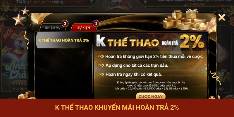 K thể thao khuyến mãi hoàn trả 2%