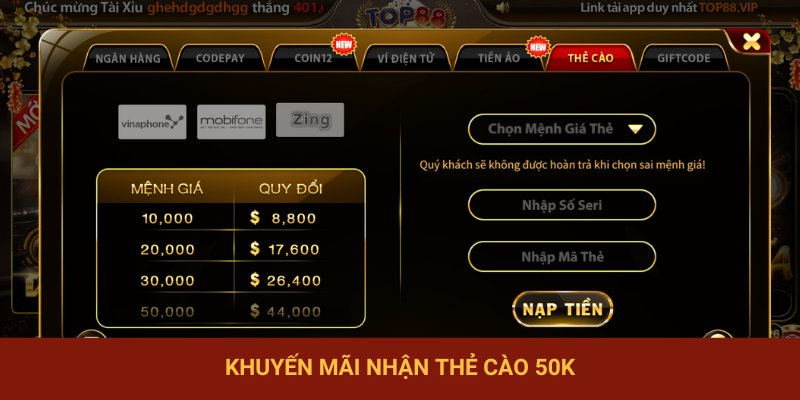 Khuyến mãi nhận thẻ cào 50K